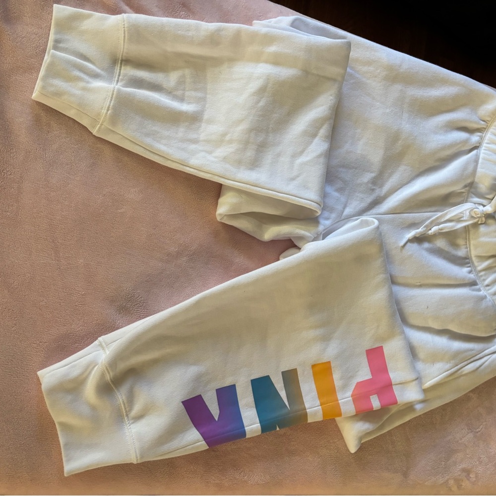 PINK Victoria's Secret White Hoodie and jogger pants set with Multicolor Logo - Picture 5 of 6